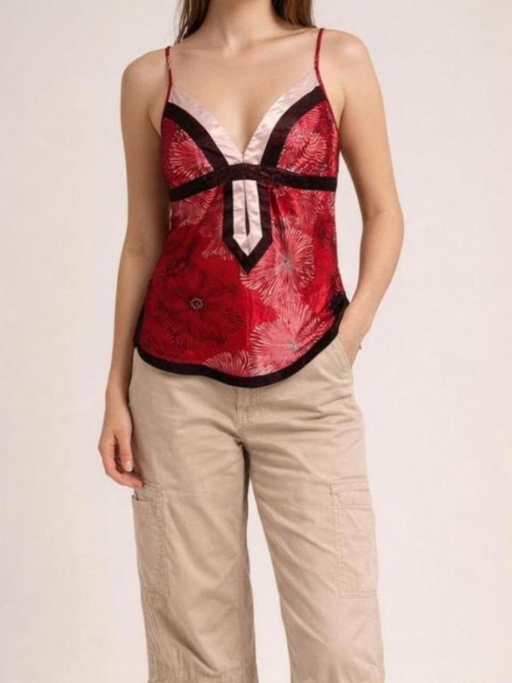 Red 100% Silk Floral Slip Top Y2K Camisole with Brown Cream Trim